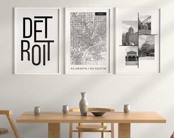 Detroit Wall Art, Set Of 3 Black And White City Prints, Map of Detroit, Michigan Art Posters For Apartment Wall Decor, DIGITAL DOWNLOAD.