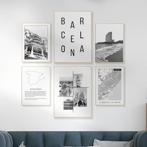 DIGITALE Barcelona Spanien Wandkunst, Set Von 6 Schwarz Weiß Reise Stadt Drucke, Original Barcelona Stadt Karte Wand Kunst.