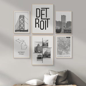 Digital Detroit Wall Art, Set Of 6 Black And White City Prints, Map of Detroit, Michigan Art Posters For Apartment Wall Decor.