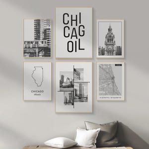 Moderne Chicago Wandkunst, 6er-Set Schwarzweiß-Stadtdrucke, Chicago USA Reiseplakate, Stadtplan Wandkunst, DIGITALER DOWNLOAD.