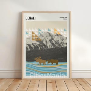 Arte DIGITAL del Parque Nacional Denali (Alaska), póster de viaje moderno, retro, de mediados de siglo para dormitorio, sala de estar, impresión de naturaleza, impresión de montañas.