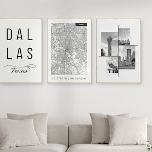 Dallas Texas Wall Art, Set Of 3 Black And White City Prints, Dallas Apartment Decor, Dallas City Map Wall Art, DIGITAL DOWNLOAD.