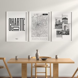 Art mural numérique Charlotte NC, lot de trois impressions pour chambre, salle de bain, bureau, carte de Charlotte et impression typographie, art moderne plan de la ville.