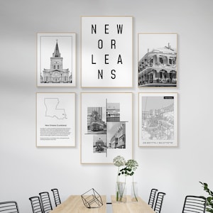 New Orleans Louisiana Wandkunst, Set mit 6 Schwarzweiß-Stadtdrucken, New Orleans Stadtkarte Wandkunst Für Büro, Schlafzimmer, DIGITALER DOWNLOAD.