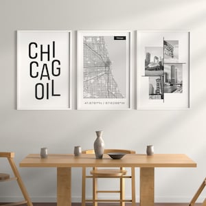 Chicago Wall Art, set van 3 zwart-witte stadsprints, Chicago kaart print, Chicago posters voor wanddecoratie appartement, DIGITALE DOWNLOAD.