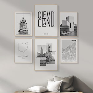 Digital Cleveland Wall Art, Original City Set Of 6 Prints For Office, Bedroom, Bathroom, Living Room, Cleveland Map Decor, Ohio State Art.