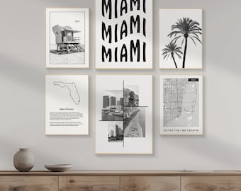 Miami Florida Wall Art, Set Of 6 Prints For Bedroom, Bathroom, Office, Original Gallery Wall Set, Miami City Map Decor, DIGITAL DOWNLOAD.