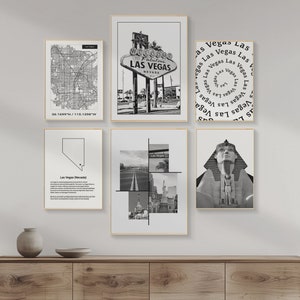 Digitale Las Vegas Prints, 6-teilige Wandkunst, Original Stadt Karte Kunst Für Wohnzimmer, Büro, Spielzimmer, Nevada Prints, Las Vegas Typografie.