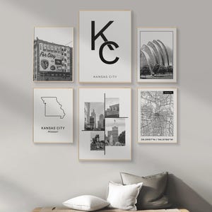 Arte de parede digital de Kansas City, conjunto de 6 impressões em preto e branco, arte moderna de mapa da cidade, arte impressa da galeria de Kansas City para escritório, sala de estar.