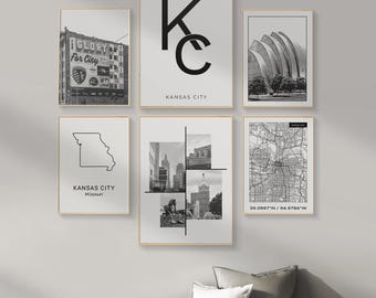 Digital Kansas City Wall Art, Set Of 6 Black And White Prints, Modern City Map Art, Kansas City Gallery Print Art For Office, Living Room.