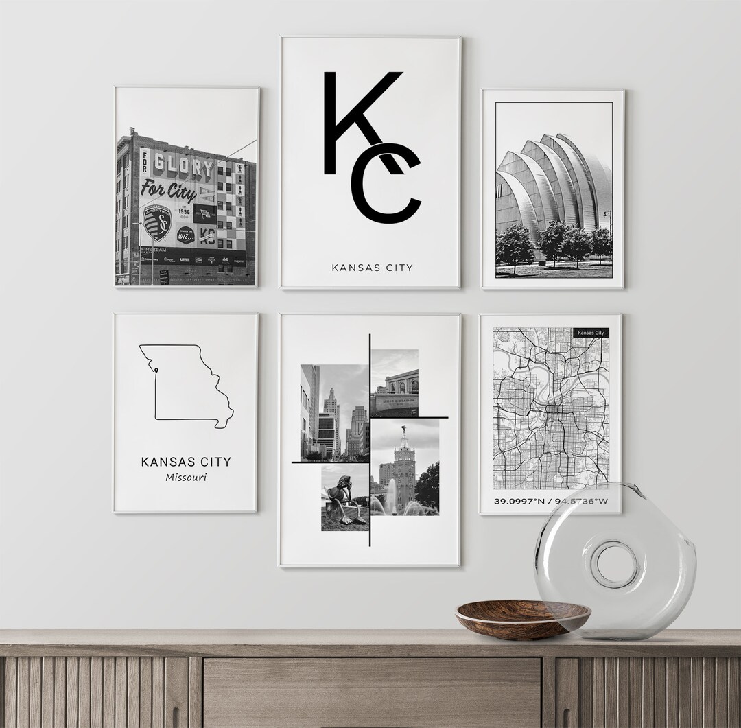 Digital Kansas City Wall Art, Set of 6 Black and White Prints, Modern ...