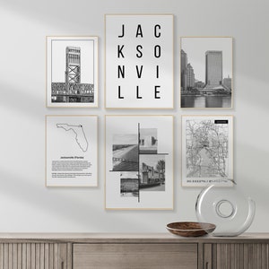 DIGITALE muurkunst Jacksonville, Florida, set van 6 zwart-witte stadsprints, stadskaart decor Jacksonville voor kantoor, slaapkamer, woonkamer.