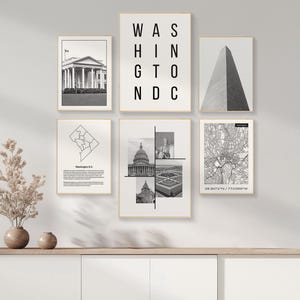 Art mural Washington DC, lot de 6 impressions noir et blanc, art mural original carte de la ville de Washington, impression de la Maison Blanche, TÉLÉCHARGEMENT NUMÉRIQUE.