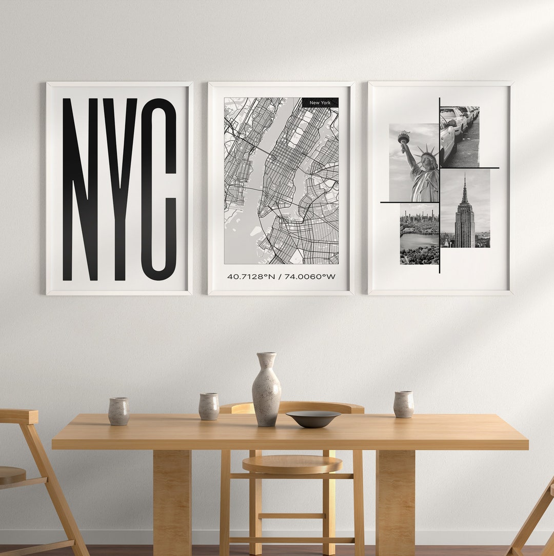 New York City Art Print Set: Black & White Manhattan Map (digital ...