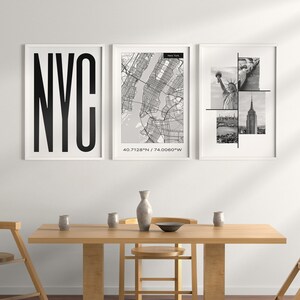 DIGITALE muurkunst New York City, set van 3 zwart-witte stadsprints, kaart New York City Manhattan, NYC typografieprint.
