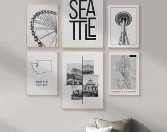 DIGITAL Seattle Washington Wall Art, Set Of 6 Black And White City Prints, Seattle City Map Wall Art For Office, Bedroom, Seattle Travel Art