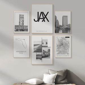 DIGITALE muurkunst Jacksonville, Florida, set van 6 zwart-witte stadsprints, stadskaart decor Jacksonville voor kantoor, slaapkamer, woonkamer.