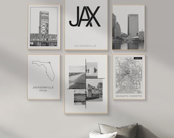 DIGITAL Jacksonville Florida Wall Art, Set Of 6 Black And White City Prints, Jacksonville City Map Decor For Office, Bedroom, Living Room.