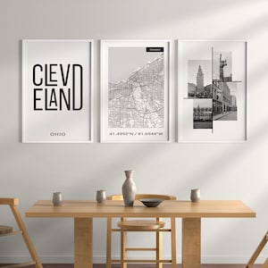 Digitales Cleveland Wandbild, 3er-Set Bilder für Badezimmer, Schlafzimmer, Büro, Wohnzimmer, Cleveland City Map Decor.