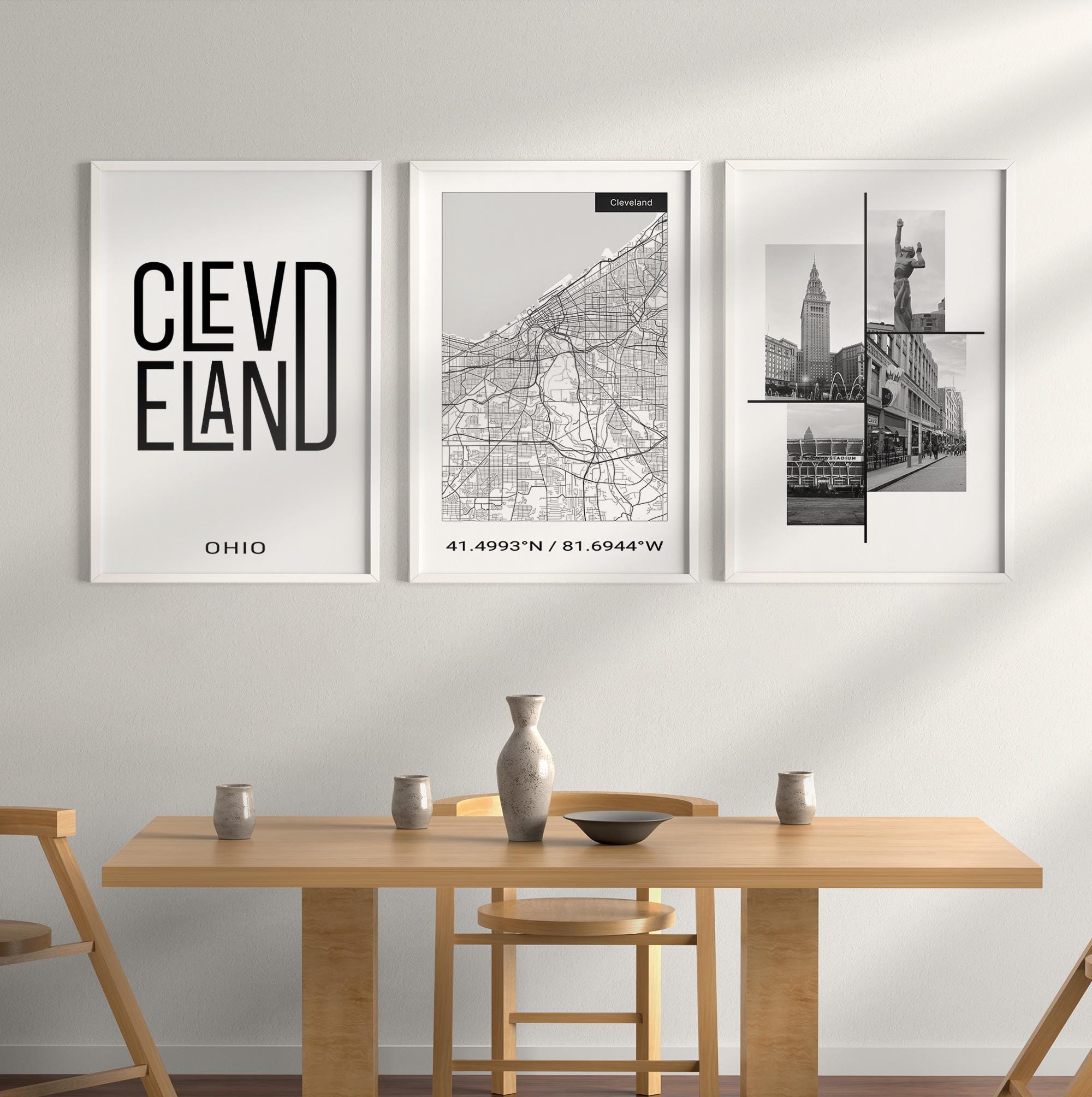 Digital Cleveland Wall Art, Original Set Of 3 Prints For Bathroom, Bedroom, Office, Living Room, Cleveland City Map Decor, Ohio State Art.