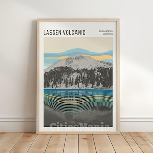 DIGITAL Lassen Volcanic California National Park Print, Modern Retro, Mid-Century Travel Art For Bedroom, Living Room, Nature Print.