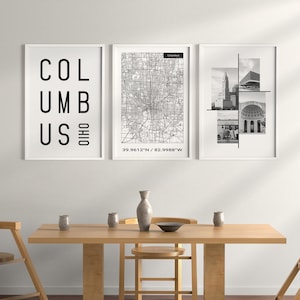 DIGITAL Columbus Wall Art, Set Of 3 Prints  For Bathroom, Bedroom, Office, Living Room, Columbus Ohio Map Decor, Modern Apartment Wall Art.