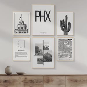 Arte de pared DIGITAL de la ciudad de Phoenix PHX, juego de 6 impresiones, impresiones de pared de ciudad moderna, arte del mapa de la ciudad de Phoenix Arizona, cactus, arte del desierto.