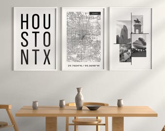 Houston Texas Wall Art, 3 Piece Wall Art, Houston Apartment Wall Art, Houston Map And Typography Print, City Map Wall Art, DIGITAL DOWNLOAD.