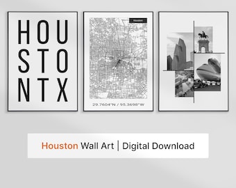 Arte da parete di Houston Texas, arte da parete in 3 pezzi, arte da parete dell'appartamento di Houston, mappa di Houston e stampa tipografica, arte da parete della mappa della città, DOWNLOAD DIGITALE.