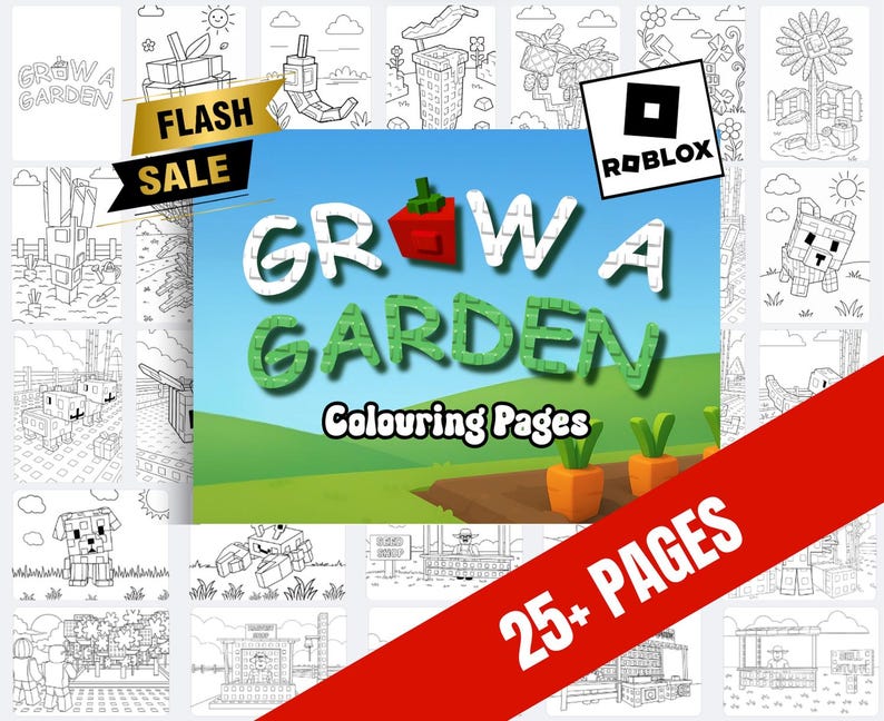 Puede incluir: Ilustraci&oacute;n digital de un libro para colorear "Grow a Garden" con el logo de Roblox. La portada presenta un pimiento rojo pixelado y texto verde. La imagen incluye una pancarta de "Flash Sale" y una pancarta de "25+ P&aacute;ginas".