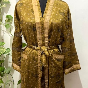 Recycled Silky Sari Kimono - Upcycled Saree Kimono Robe - Boho Beach Cover Up- Recycled Silk Dressing Gown - One of a Kind- Ethical