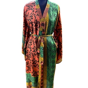 Indian Silk Kimono Pure Silk Kimono Sari Kimono Festival Robe Silk Sari Kimono Women&#39;s Clothing Bohemian Jacket Japanese Lounge Dress