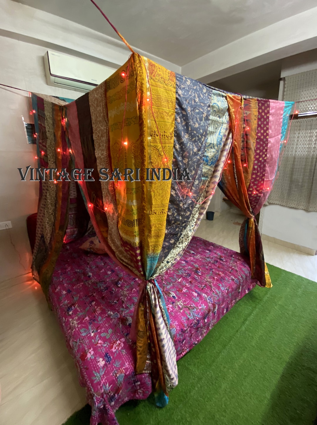 Cultural Sari Canopy,sari Draped Canopy,luxury Sari Bedding Canopy,festive Sari Canopy,romantic