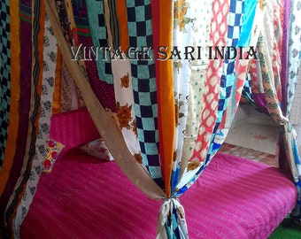 Bed Canopy Curtains boho Curtains Bohemian Blue Decor India silk sari saree made to order queen purple over bed tent