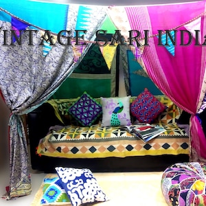 Dosel Sari étnico, dosel Sari hecho a mano, dosel Sari tradicional, dosel Sari Sheer, dosel Sari único, dosel Sari Boho Chic, telón de fondo