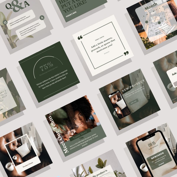 Customizable Canva Social Media Templates | Rustic Green Instagram Templates | Set of 15 graphics | Square 1080 x 1080 templates