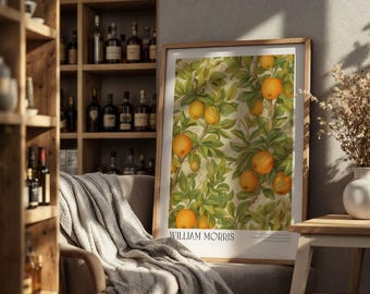 William Morris Style Orange Botanical Print, Green Leaf Vintage Wall Art, Kitchen Decor