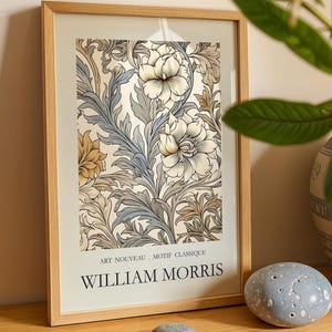 William Morris Wildflower Print Navy Blue Botanical Wall Art, Floral Art Nouveau Poster, Vintage Garden Decor, Soft Blue Coral
