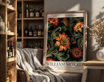 William Morris Unframed Dark Floral Print, Green Vintage Wall Art Poster, Orange Red Botanical Design