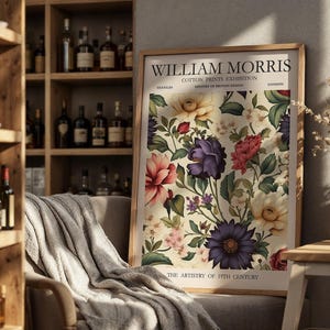 William Morris Ruby Emerald-affisch, krämfärgad blommig juveltonad utställningstryck, vintage botanisk konst