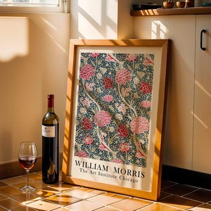 Dark Academia Art Print, William Morris Style Red Pink Floral Pattern Poster