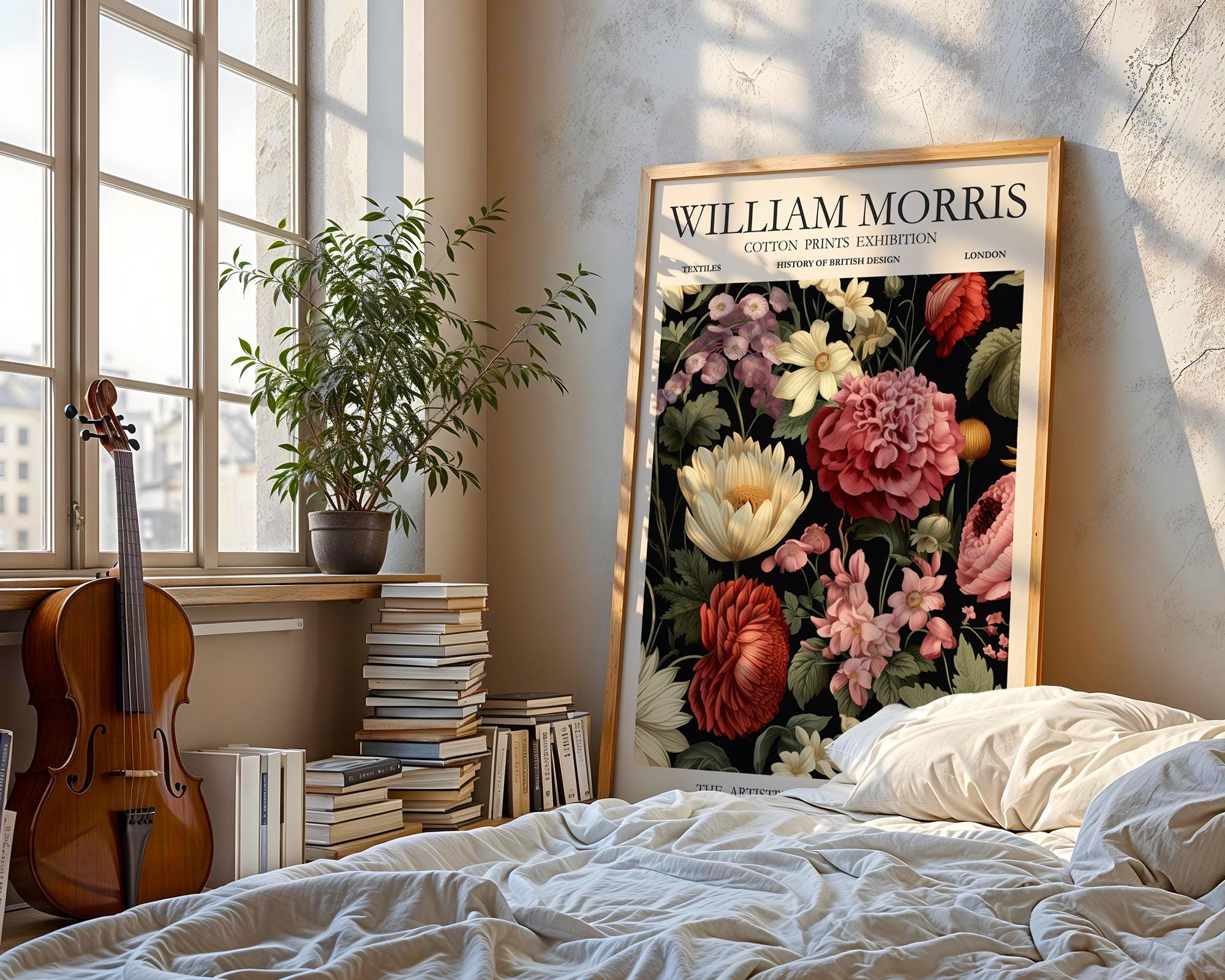 William Morris Dark Floral Exhibition Poster Black Moody Peony