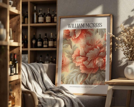 Peach Peony Floral William Morris Print Botanical Wall Art