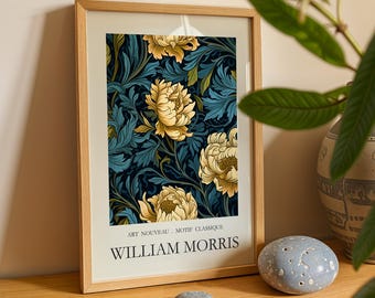 William Morris Print Art Nouveau Floral Wall Art Navy Blue Yellow Vintage Botanical Poster Cottagecore Nature Decor House Warming Gifts Men