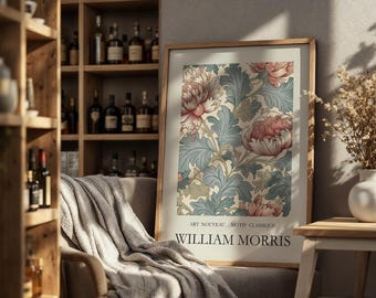 William Morris Style Light Pink Floral Wall Art, Gentle Art Nouveau Print, Pastel Decor