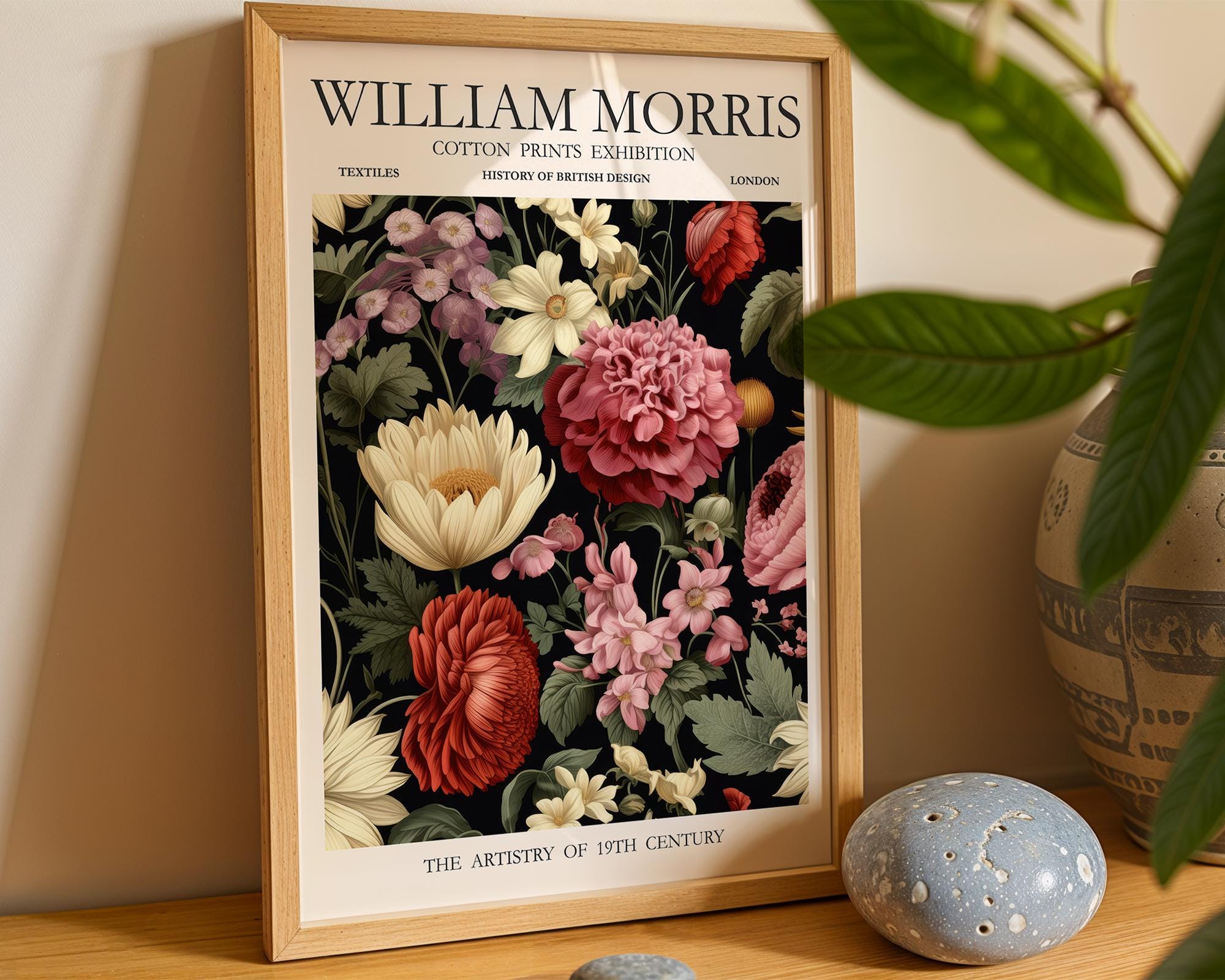 William Morris Dark Floral Exhibition Poster Black Moody Peony