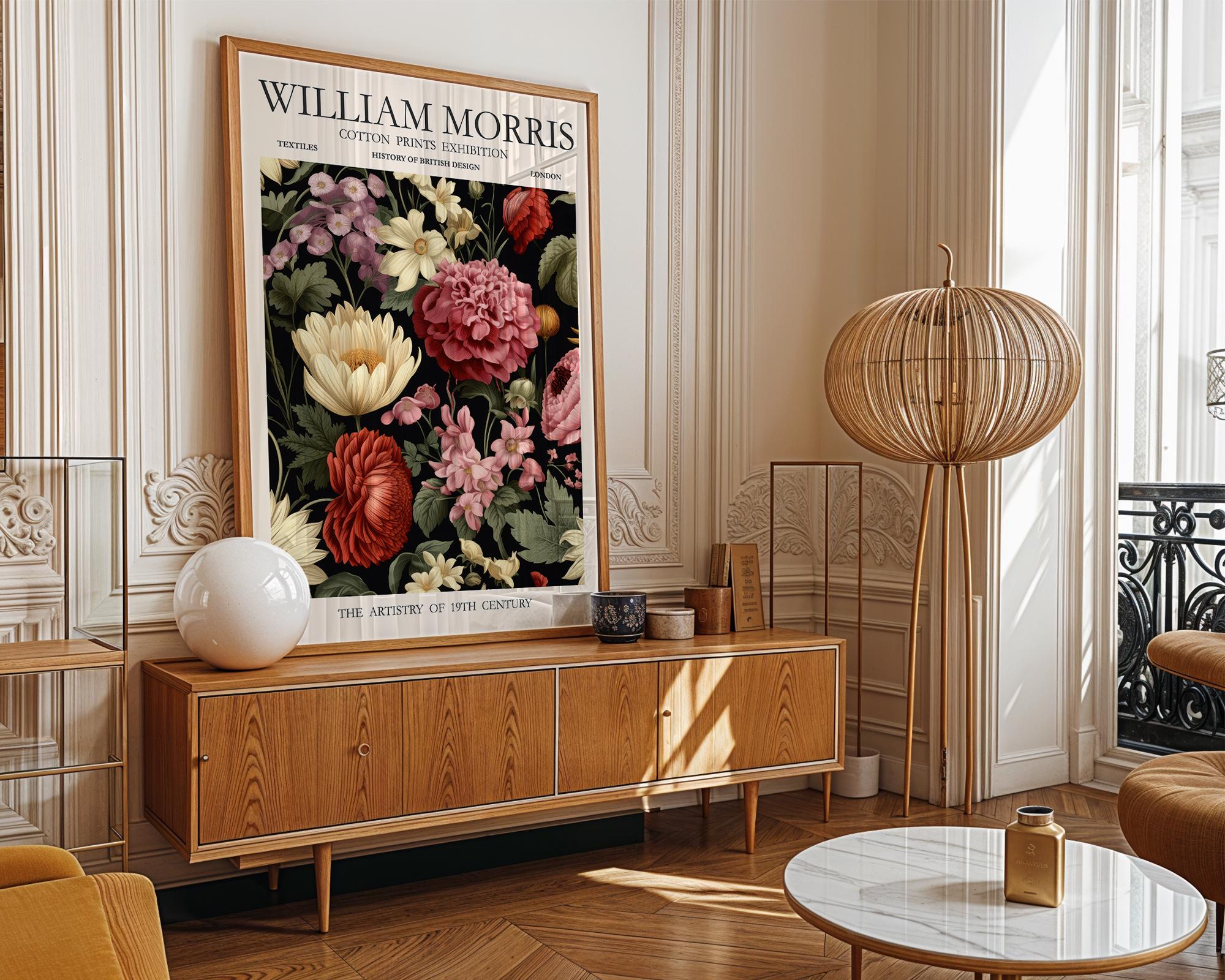 William Morris Dark Floral Exhibition Poster Black Moody Peony