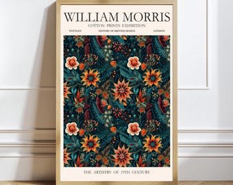 William Morris Floral Pattern Wall Art Print – Vintage Botanical Textile Design in Teal and Burnt Orange for Classic British Interiors Gift