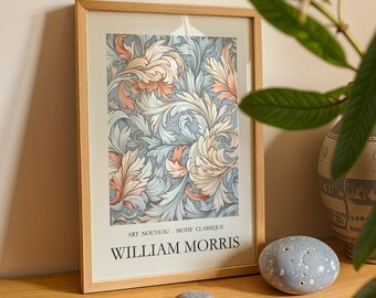 William Morris Print Botanical Wall Art Acanthus Leaf Soft Blue Coral Vintage Floral Poster Art Nouveau Cottagecore Victorian Decor