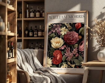 William Morris Dark Floral Moody Black Peony Exhibition Poster Print Vintage Botanical Wall Art Nature Decor Home Gift